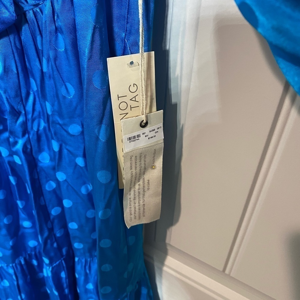 HAPPY NATURE DAYDREAM blue satin maxi dress tiered ruffle polka dot wide sleeve - Picture 9 of 12